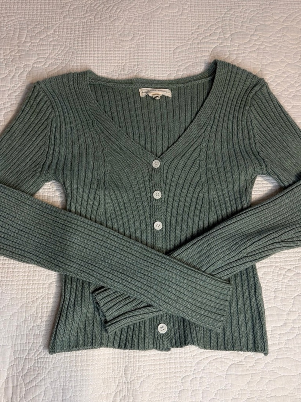 Happily Grey Ribbed Knit Henley Sweater Sage Green Long Sleeve Women’s Small
